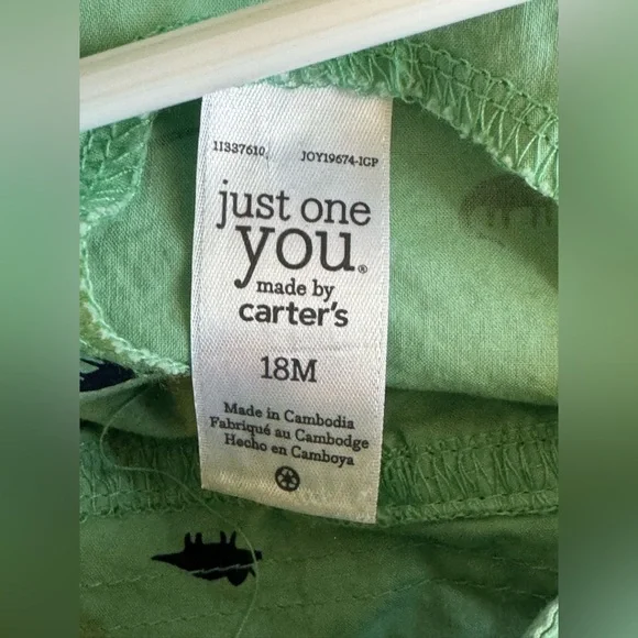 Carter’s Just One You 18 Months Green Dino Print Overall Shortalls EUC - Picture 2 of 8